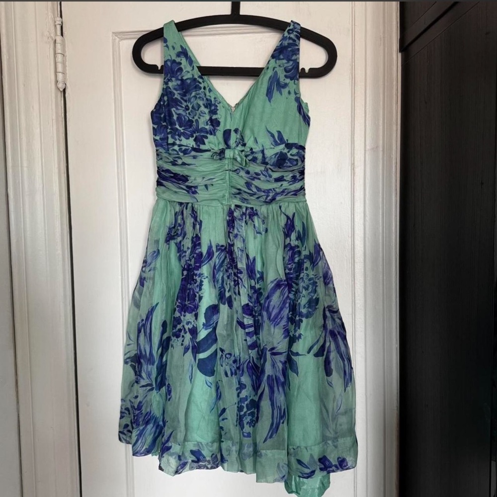 Anthropologie Blue and Green Floral Mini Dress